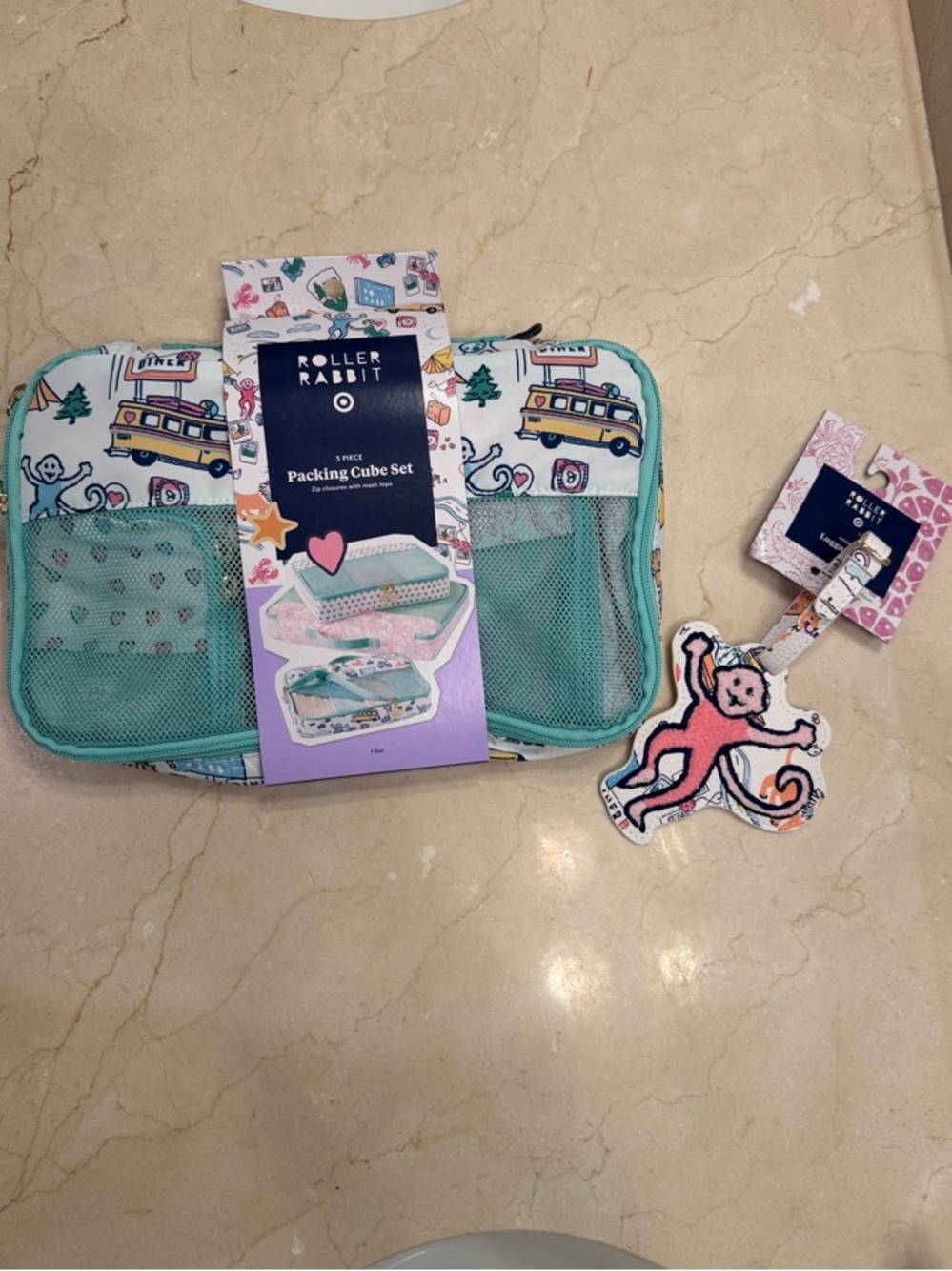 Roller Rabbit Mint and Pink Kids Packing Cube Set with Monkey Luggage Tag